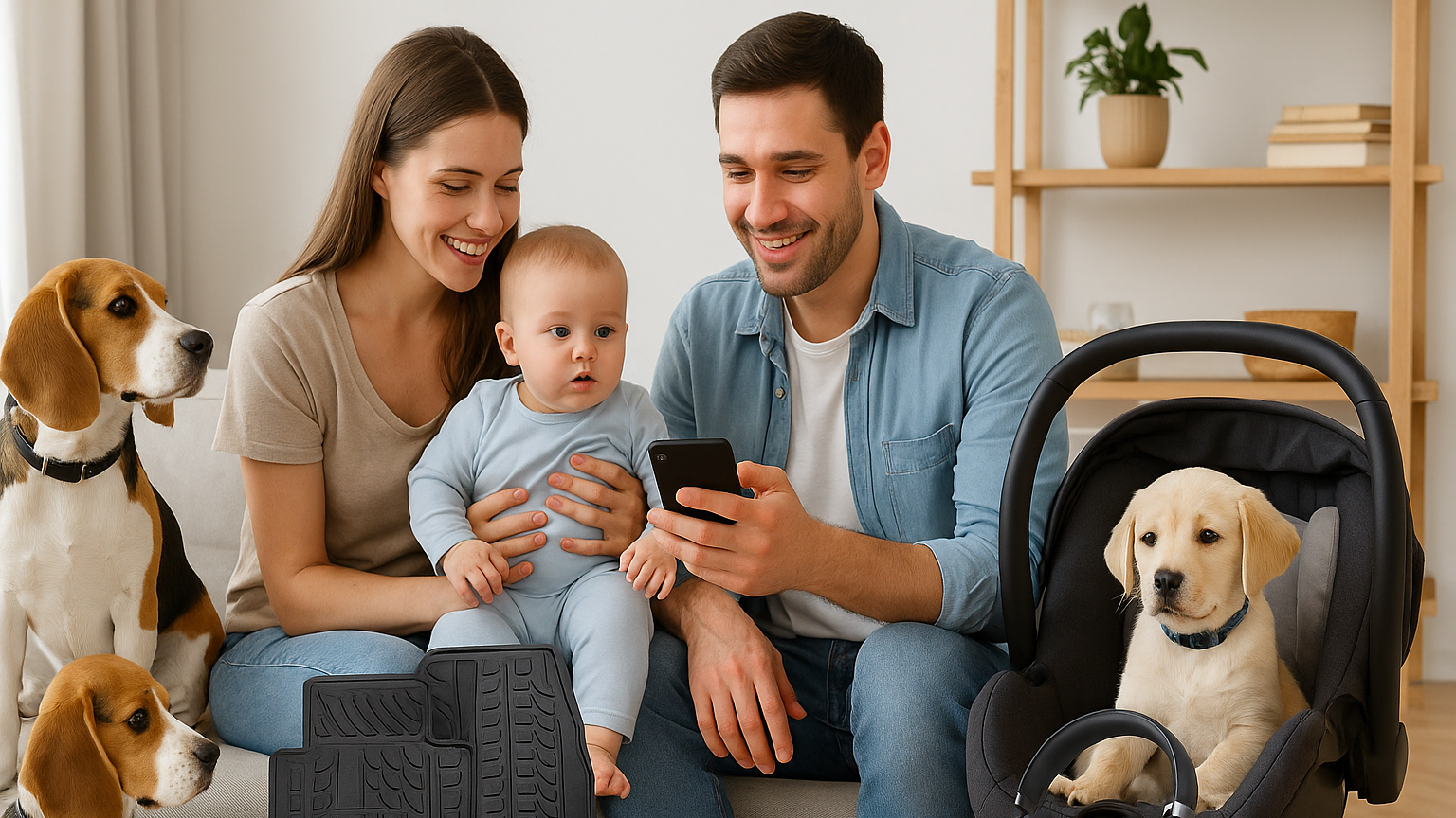 Family with a baby and two dogs in a living room setting, with a car seat and phone on a table
